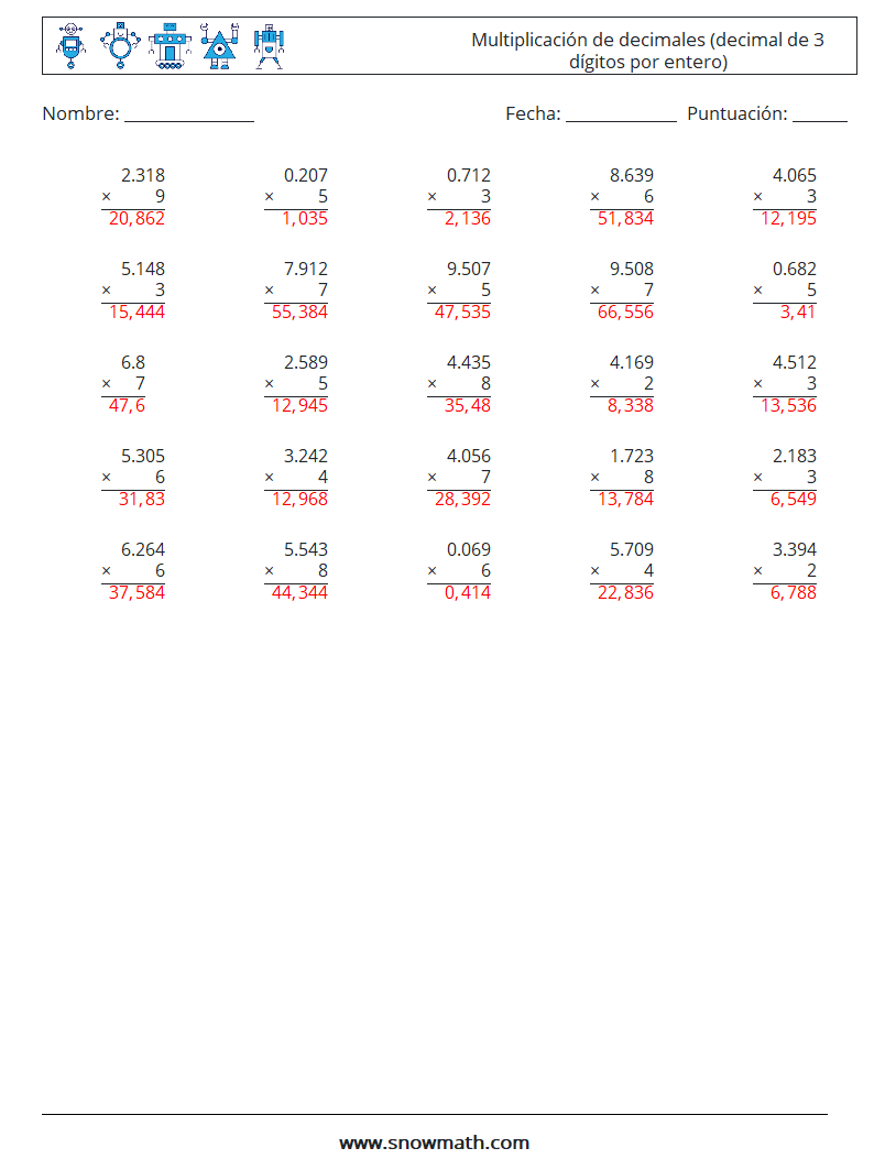 (25) Multiplicación de decimales (decimal de 3 dígitos por entero) Hojas de trabajo de matemáticas 5 Pregunta, respuesta