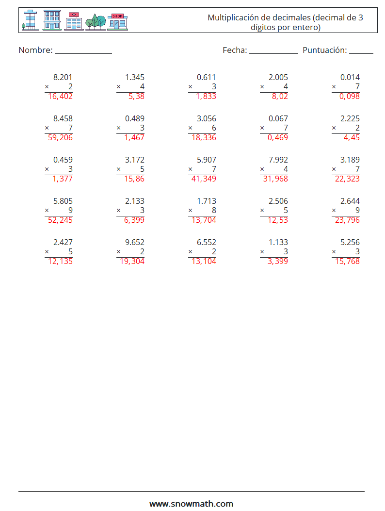 (25) Multiplicación de decimales (decimal de 3 dígitos por entero) Hojas de trabajo de matemáticas 6 Pregunta, respuesta