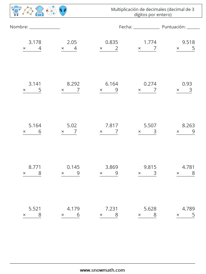 (25) Multiplicación de decimales (decimal de 3 dígitos por entero) Hojas de trabajo de matemáticas 7