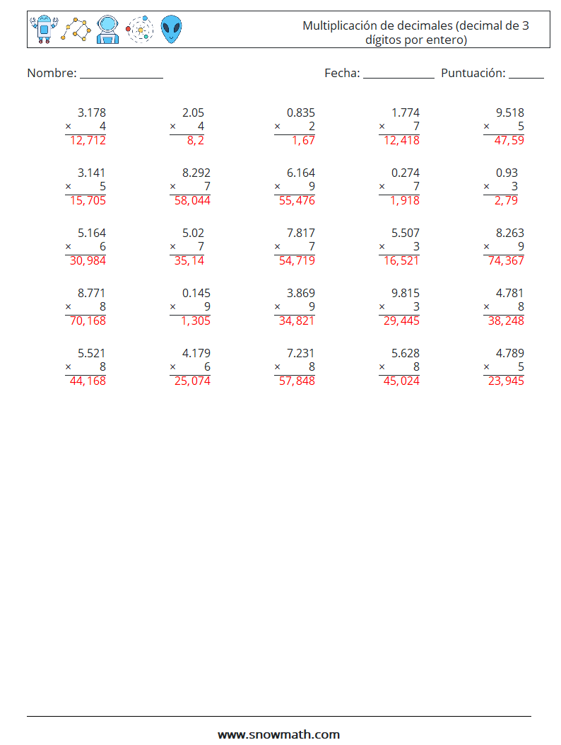 (25) Multiplicación de decimales (decimal de 3 dígitos por entero) Hojas de trabajo de matemáticas 7 Pregunta, respuesta