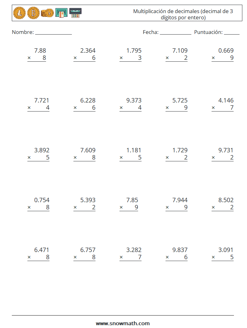 (25) Multiplicación de decimales (decimal de 3 dígitos por entero) Hojas de trabajo de matemáticas 8