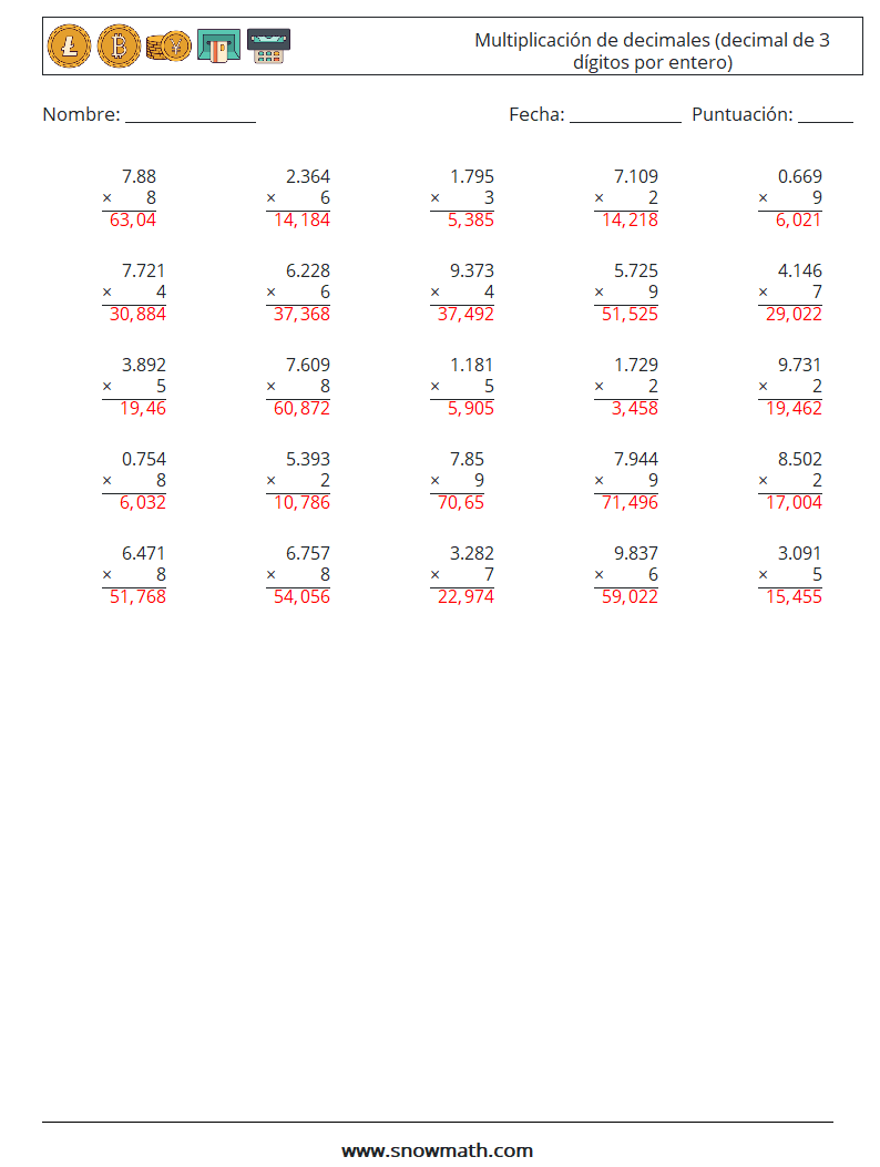 (25) Multiplicación de decimales (decimal de 3 dígitos por entero) Hojas de trabajo de matemáticas 8 Pregunta, respuesta