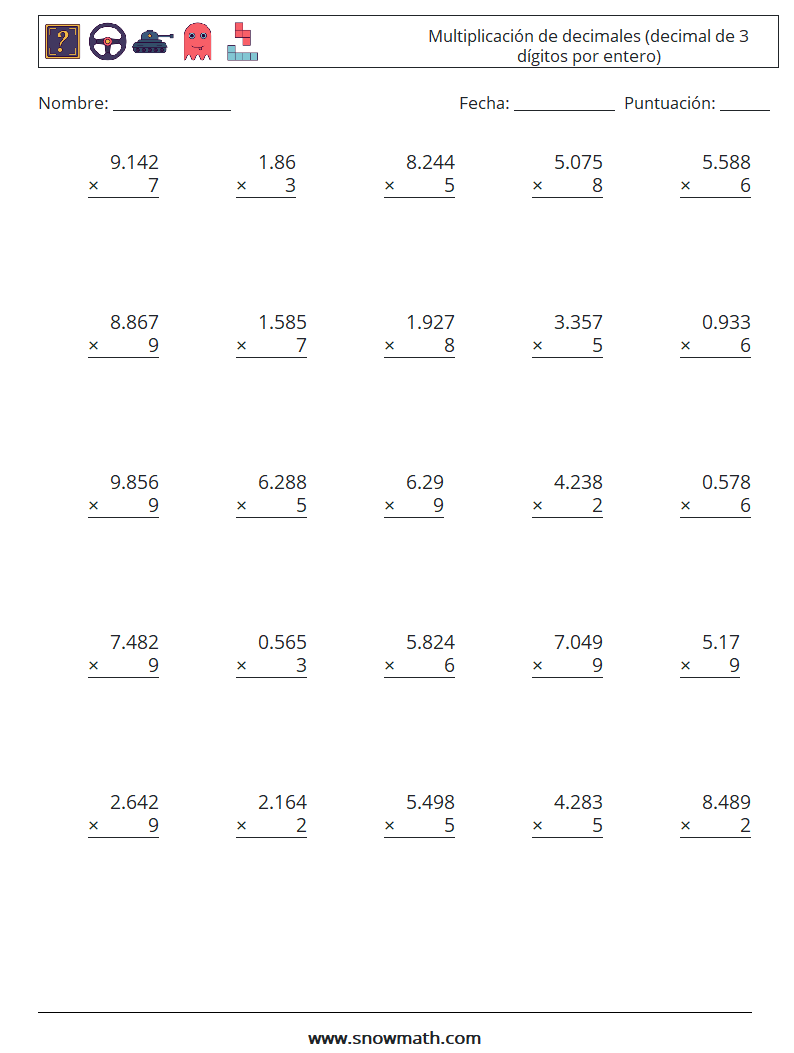 (25) Multiplicación de decimales (decimal de 3 dígitos por entero) Hojas de trabajo de matemáticas 9