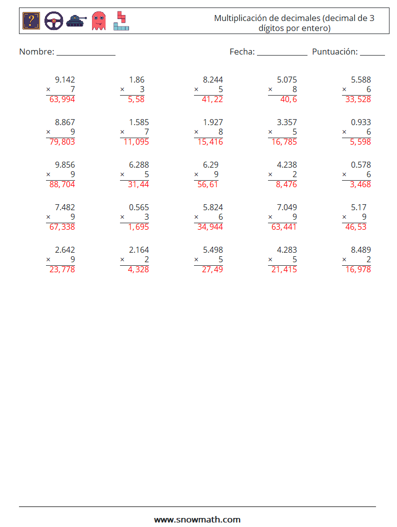 (25) Multiplicación de decimales (decimal de 3 dígitos por entero) Hojas de trabajo de matemáticas 9 Pregunta, respuesta