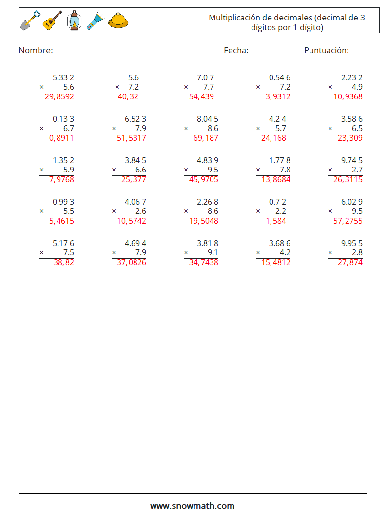 (25) Multiplicación de decimales (decimal de 3 dígitos por 1 dígito) Hojas de trabajo de matemáticas 13 Pregunta, respuesta