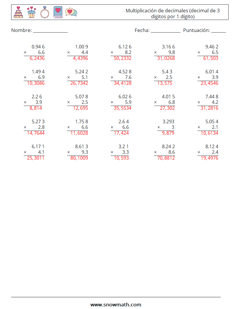 (25) Multiplicación de decimales (decimal de 3 dígitos por 1 dígito) Hojas de trabajo de matemáticas 15 Pregunta, respuesta