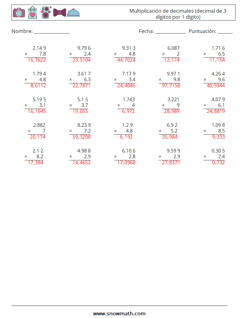 (25) Multiplicación de decimales (decimal de 3 dígitos por 1 dígito) Hojas de trabajo de matemáticas 16 Pregunta, respuesta