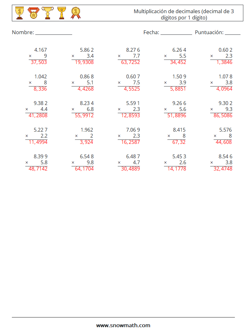 (25) Multiplicación de decimales (decimal de 3 dígitos por 1 dígito) Hojas de trabajo de matemáticas 17 Pregunta, respuesta