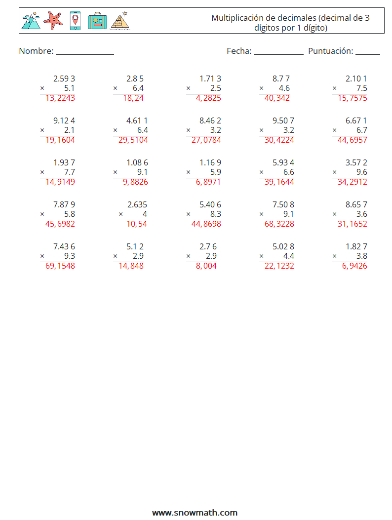 (25) Multiplicación de decimales (decimal de 3 dígitos por 1 dígito) Hojas de trabajo de matemáticas 18 Pregunta, respuesta