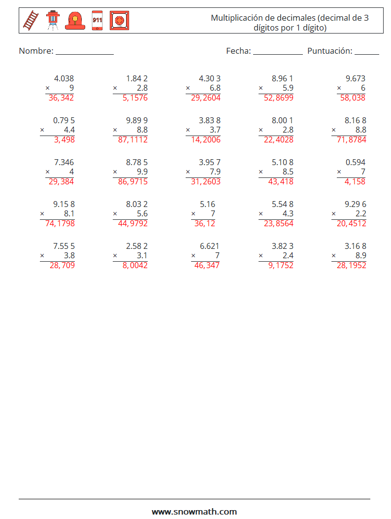 (25) Multiplicación de decimales (decimal de 3 dígitos por 1 dígito) Hojas de trabajo de matemáticas 1 Pregunta, respuesta