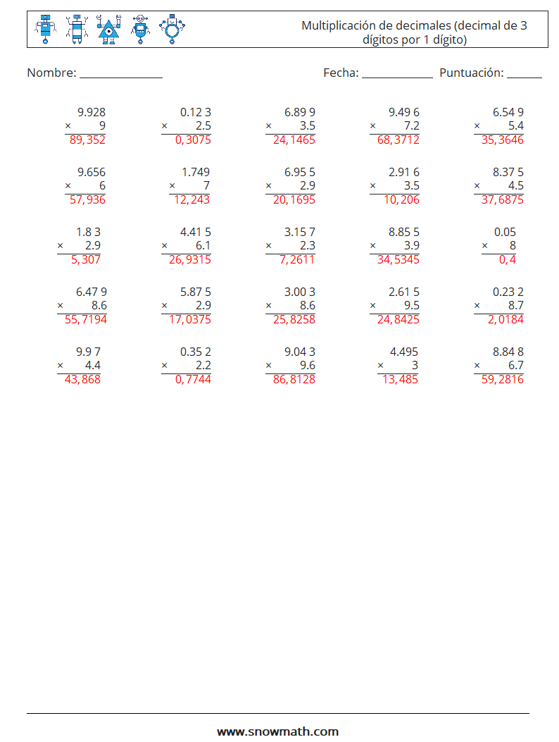 (25) Multiplicación de decimales (decimal de 3 dígitos por 1 dígito) Hojas de trabajo de matemáticas 2 Pregunta, respuesta