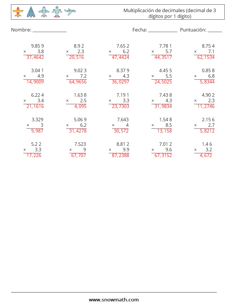 (25) Multiplicación de decimales (decimal de 3 dígitos por 1 dígito) Hojas de trabajo de matemáticas 3 Pregunta, respuesta