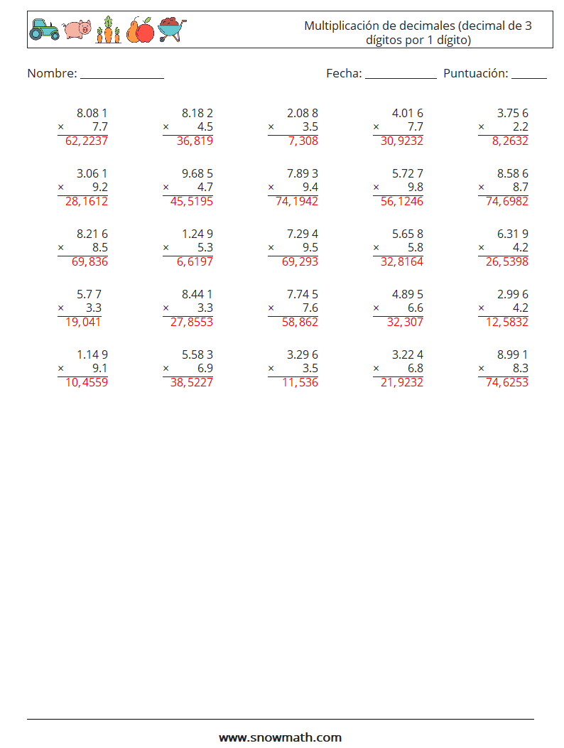 (25) Multiplicación de decimales (decimal de 3 dígitos por 1 dígito) Hojas de trabajo de matemáticas 5 Pregunta, respuesta