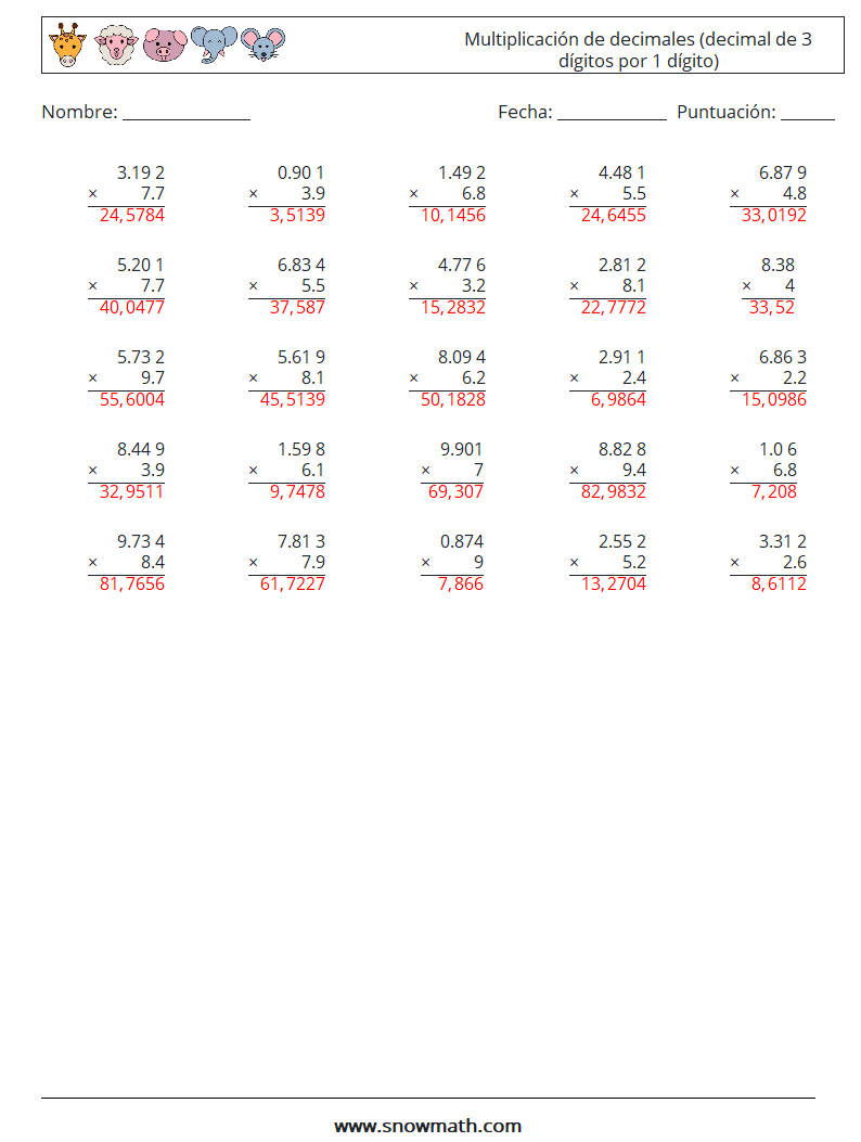 (25) Multiplicación de decimales (decimal de 3 dígitos por 1 dígito) Hojas de trabajo de matemáticas 6 Pregunta, respuesta