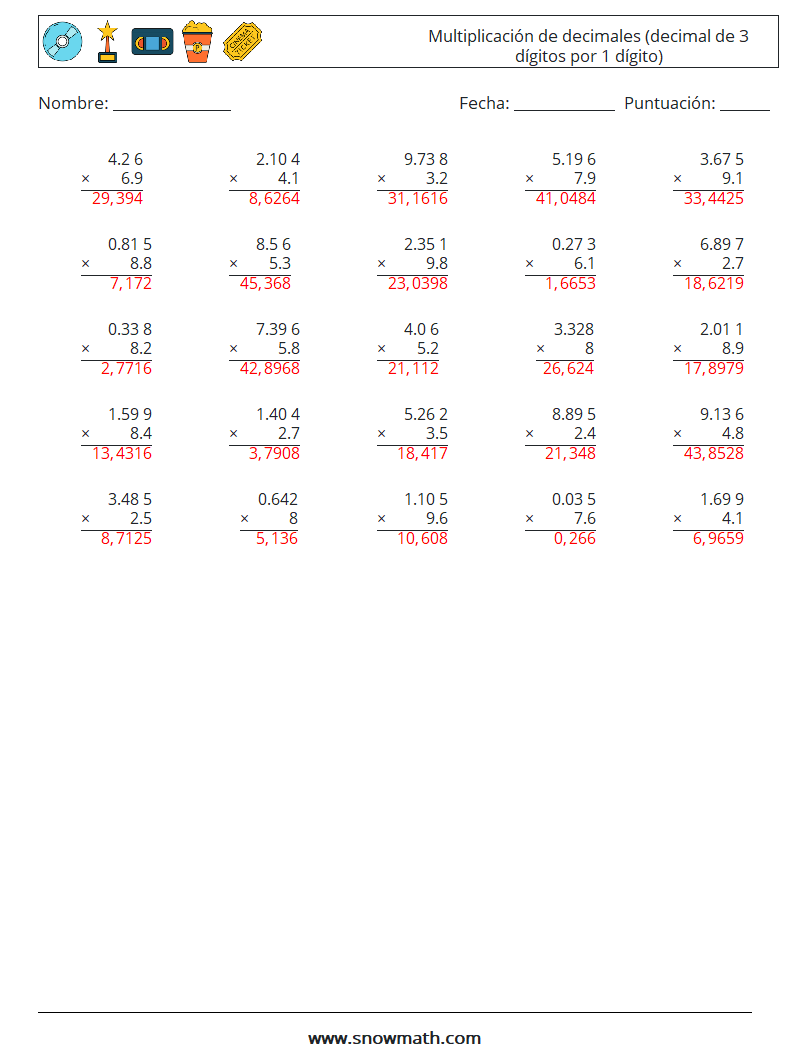 (25) Multiplicación de decimales (decimal de 3 dígitos por 1 dígito) Hojas de trabajo de matemáticas 7 Pregunta, respuesta