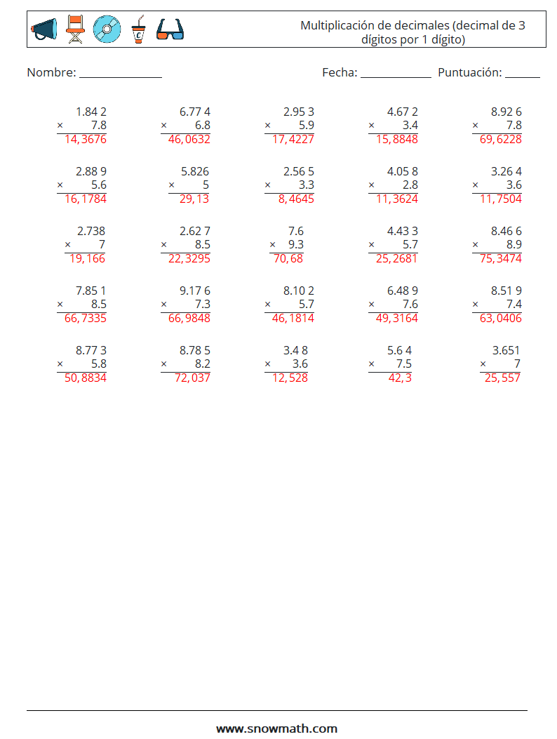 (25) Multiplicación de decimales (decimal de 3 dígitos por 1 dígito) Hojas de trabajo de matemáticas 9 Pregunta, respuesta