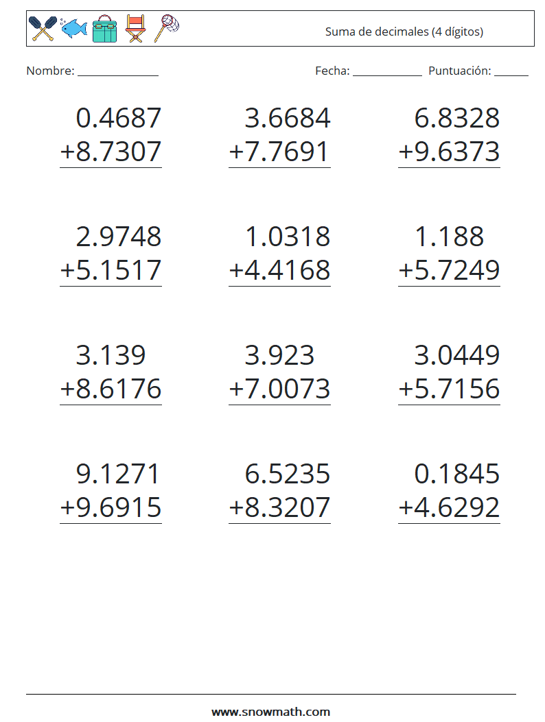 (12) Suma de decimales (4 dígitos) Hojas de trabajo de matemáticas 1