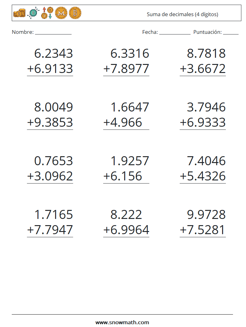 (12) Suma de decimales (4 dígitos) Hojas de trabajo de matemáticas 10