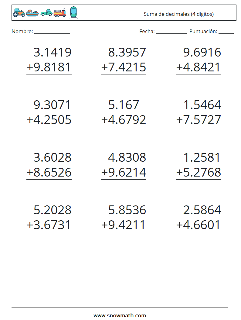 (12) Suma de decimales (4 dígitos) Hojas de trabajo de matemáticas 11