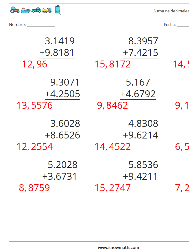 (12) Suma de decimales (4 dígitos) Hojas de trabajo de matemáticas 11 Pregunta, respuesta