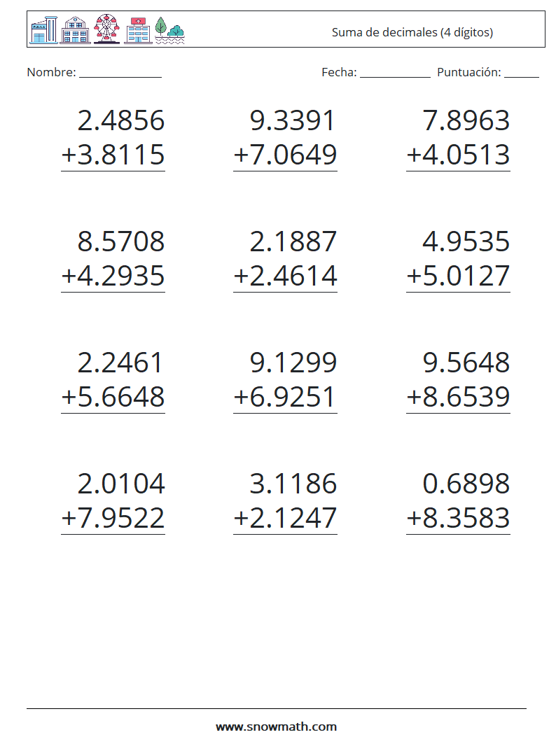 (12) Suma de decimales (4 dígitos) Hojas de trabajo de matemáticas 12