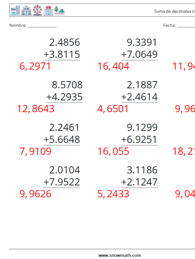 (12) Suma de decimales (4 dígitos) Hojas de trabajo de matemáticas 12 Pregunta, respuesta