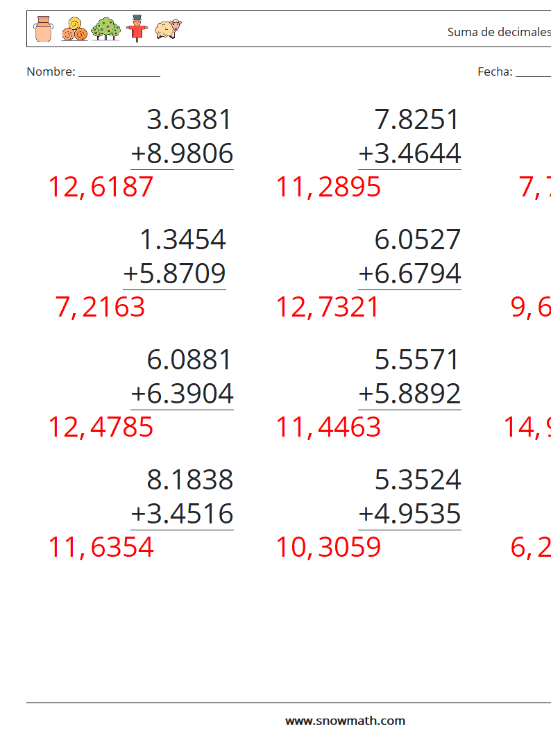 (12) Suma de decimales (4 dígitos) Hojas de trabajo de matemáticas 13 Pregunta, respuesta