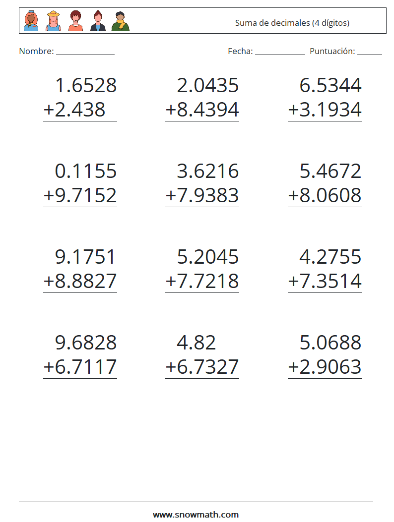 (12) Suma de decimales (4 dígitos) Hojas de trabajo de matemáticas 14