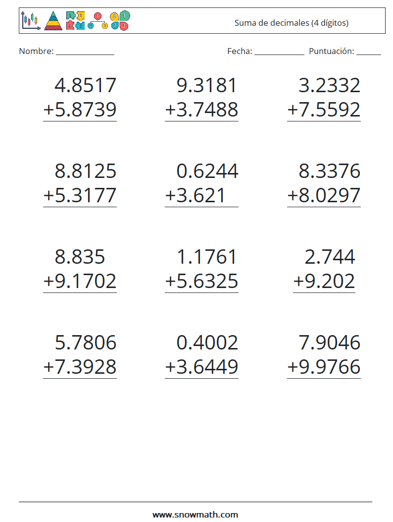 (12) Suma de decimales (4 dígitos) Hojas de trabajo de matemáticas 15