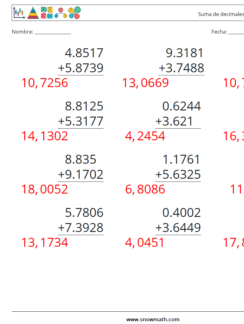 (12) Suma de decimales (4 dígitos) Hojas de trabajo de matemáticas 15 Pregunta, respuesta