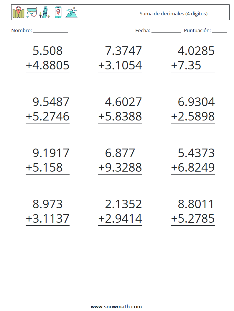 (12) Suma de decimales (4 dígitos) Hojas de trabajo de matemáticas 16