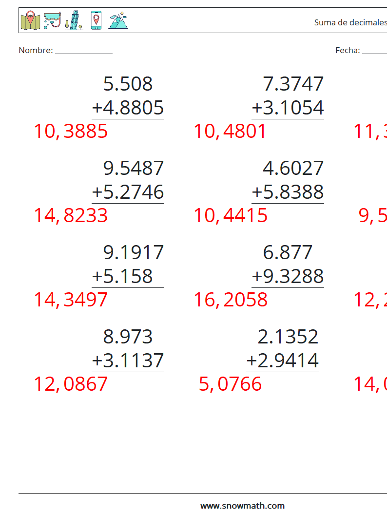 (12) Suma de decimales (4 dígitos) Hojas de trabajo de matemáticas 16 Pregunta, respuesta