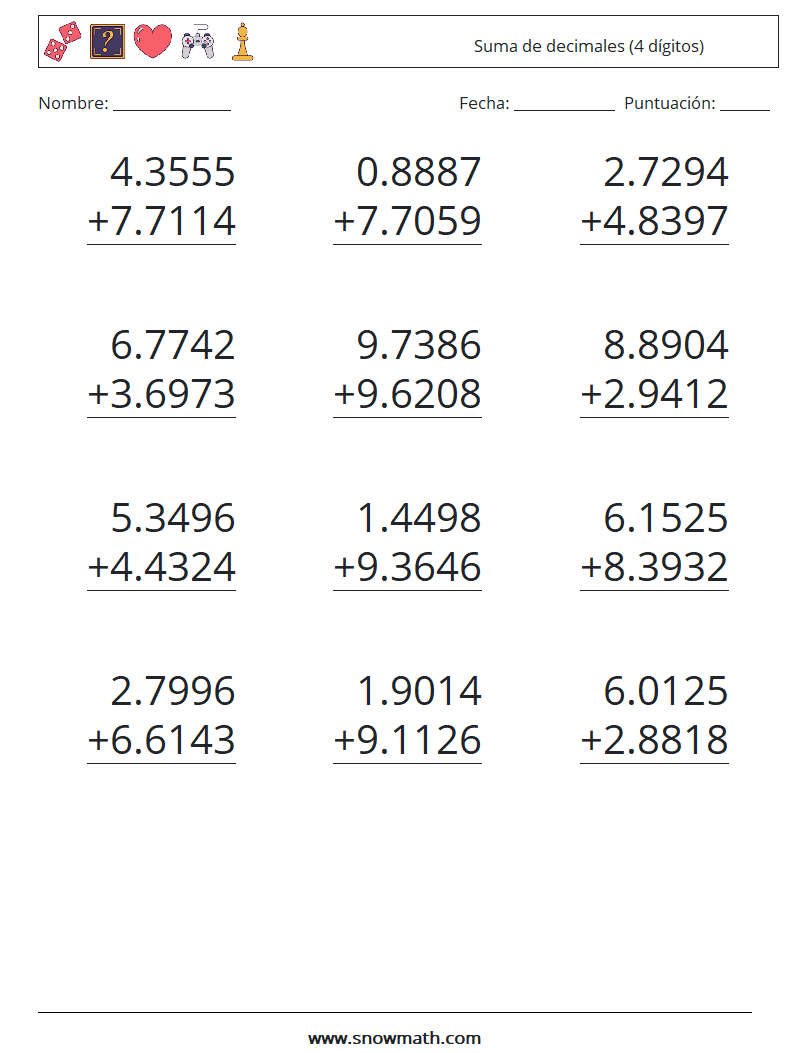 (12) Suma de decimales (4 dígitos) Hojas de trabajo de matemáticas 17