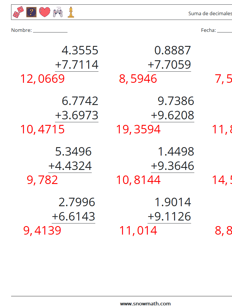 (12) Suma de decimales (4 dígitos) Hojas de trabajo de matemáticas 17 Pregunta, respuesta