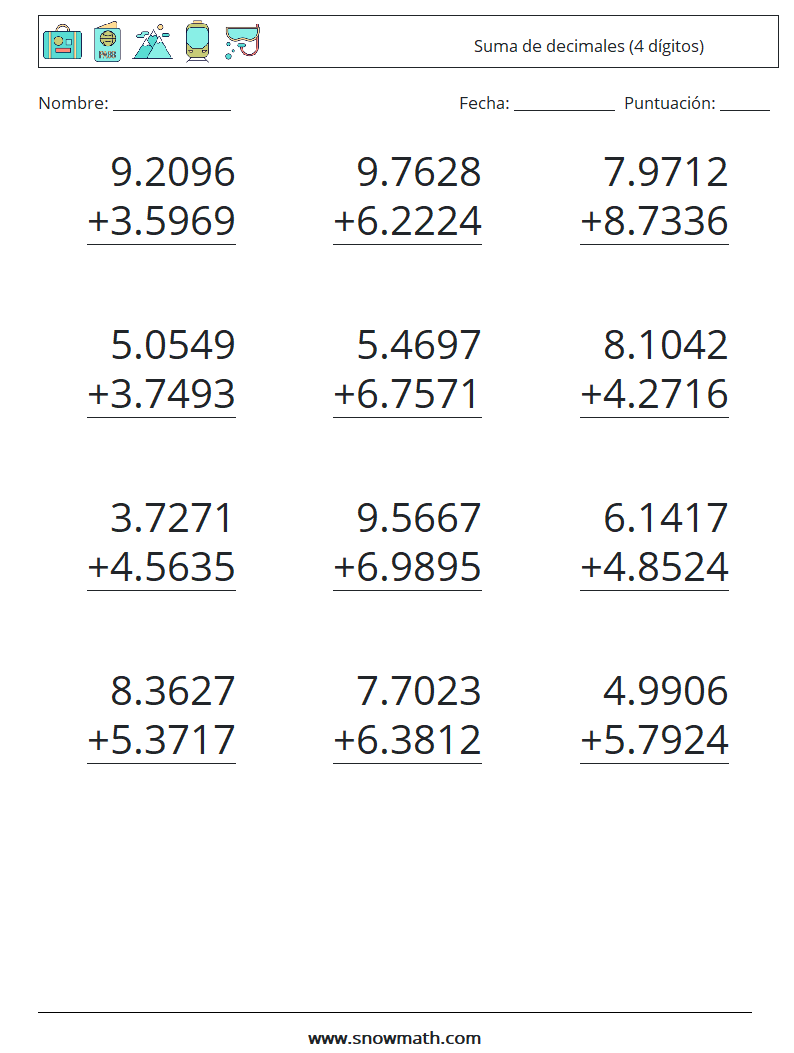 (12) Suma de decimales (4 dígitos) Hojas de trabajo de matemáticas 18