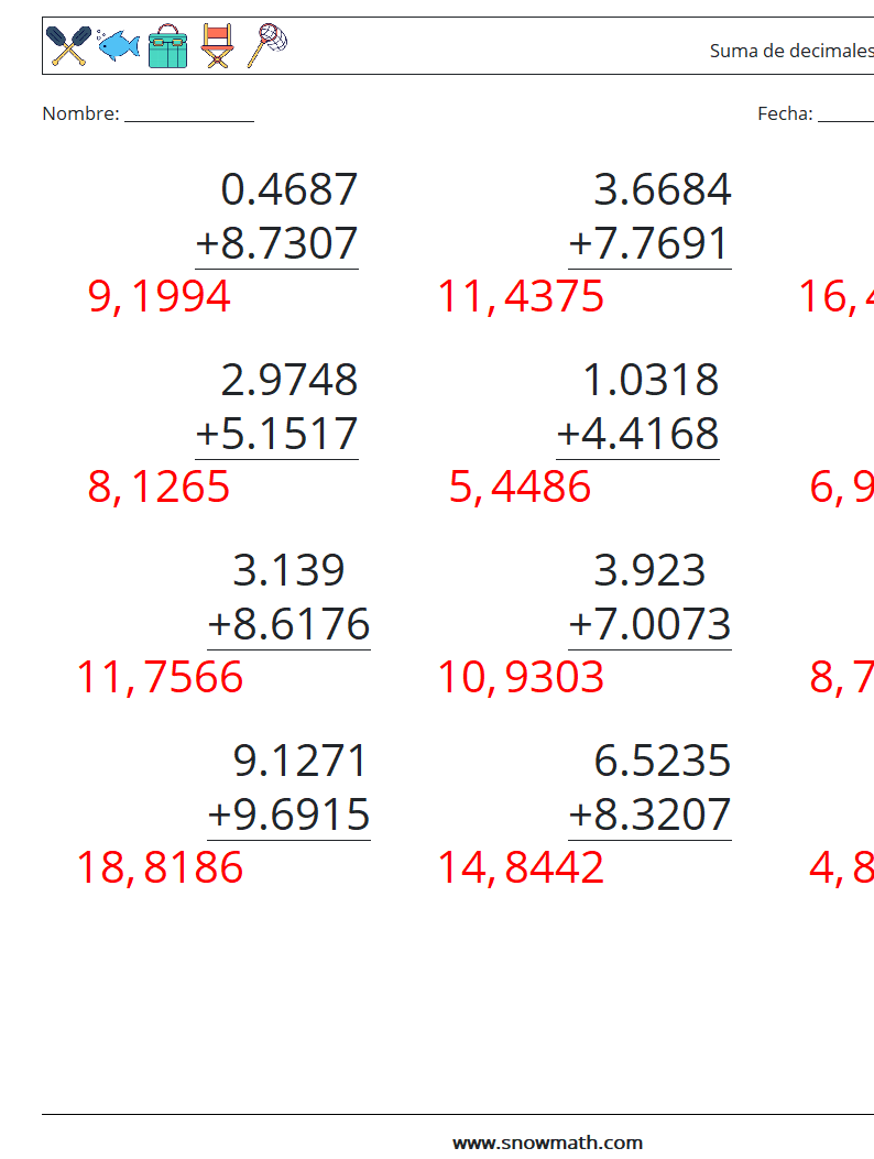 (12) Suma de decimales (4 dígitos) Hojas de trabajo de matemáticas 1 Pregunta, respuesta