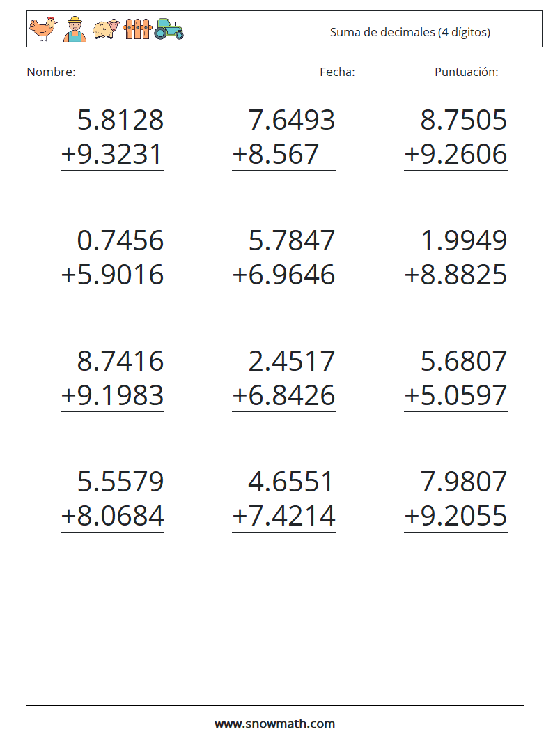 (12) Suma de decimales (4 dígitos) Hojas de trabajo de matemáticas 2