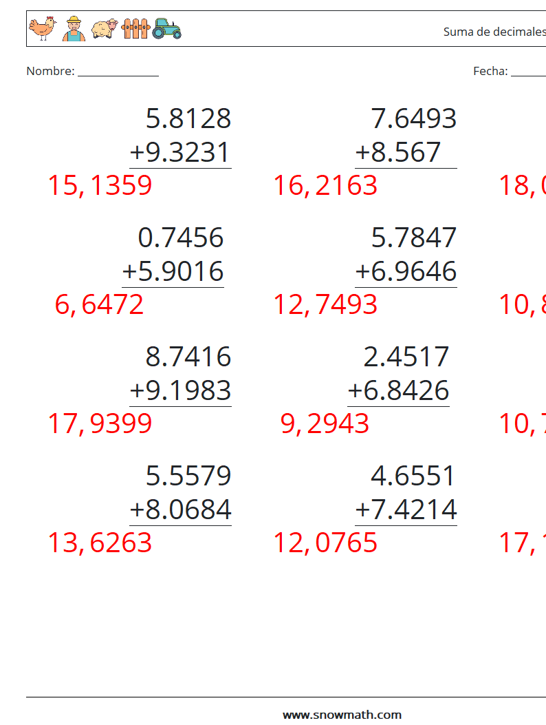 (12) Suma de decimales (4 dígitos) Hojas de trabajo de matemáticas 2 Pregunta, respuesta