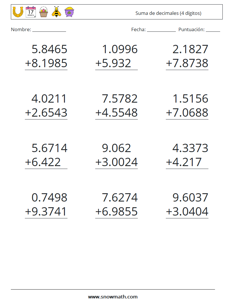 (12) Suma de decimales (4 dígitos) Hojas de trabajo de matemáticas 3