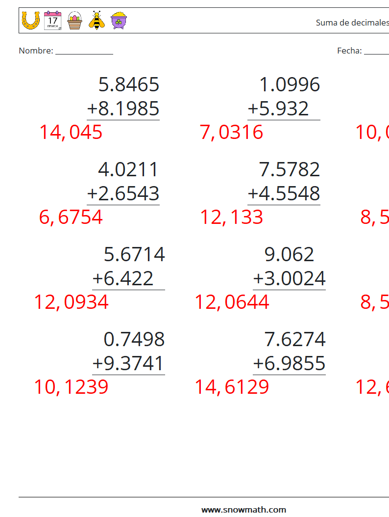 (12) Suma de decimales (4 dígitos) Hojas de trabajo de matemáticas 3 Pregunta, respuesta