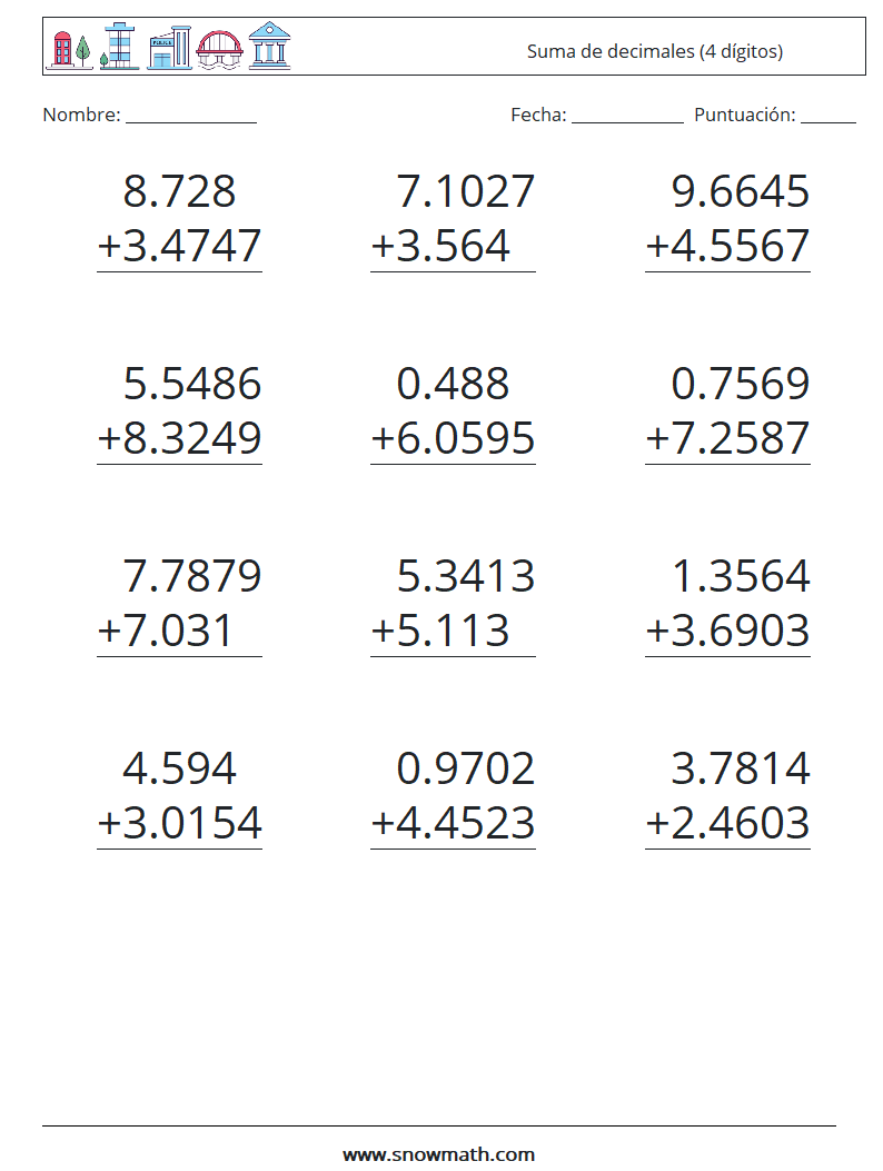 (12) Suma de decimales (4 dígitos) Hojas de trabajo de matemáticas 4