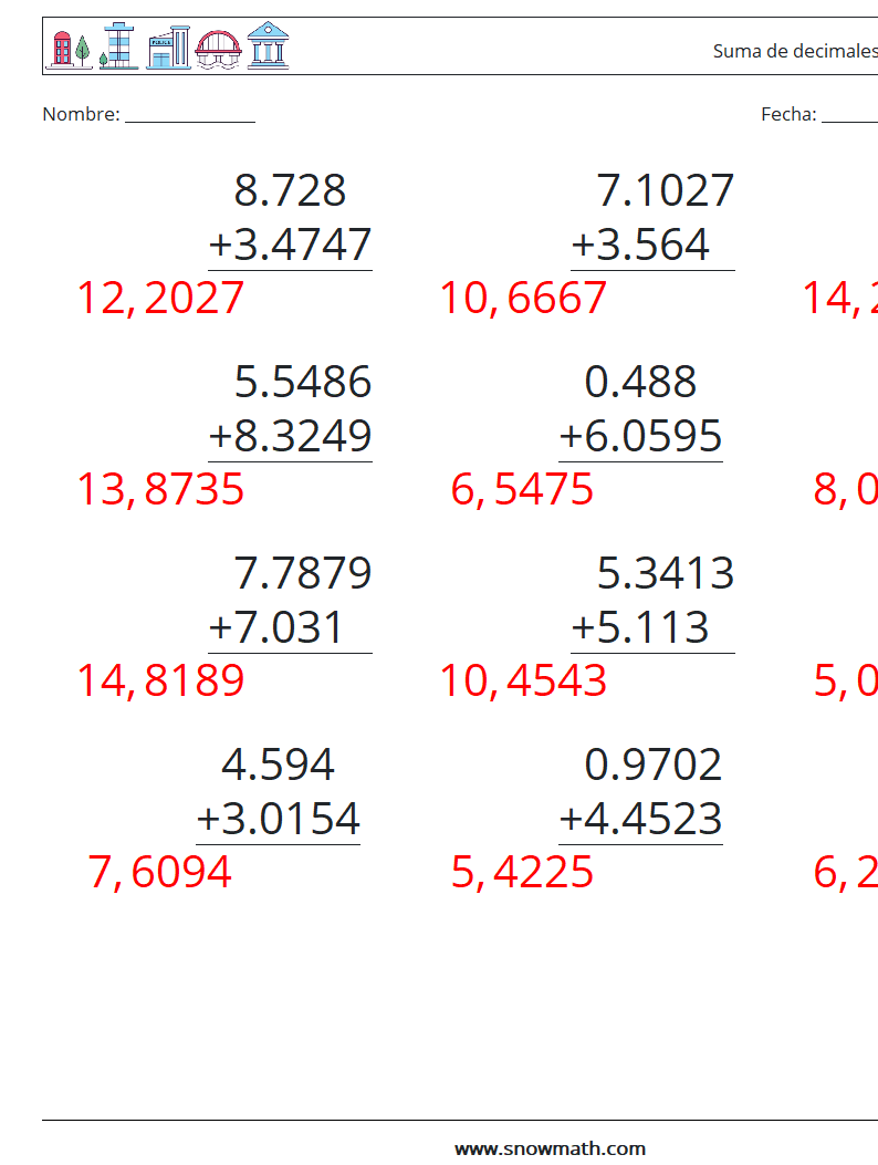 (12) Suma de decimales (4 dígitos) Hojas de trabajo de matemáticas 4 Pregunta, respuesta