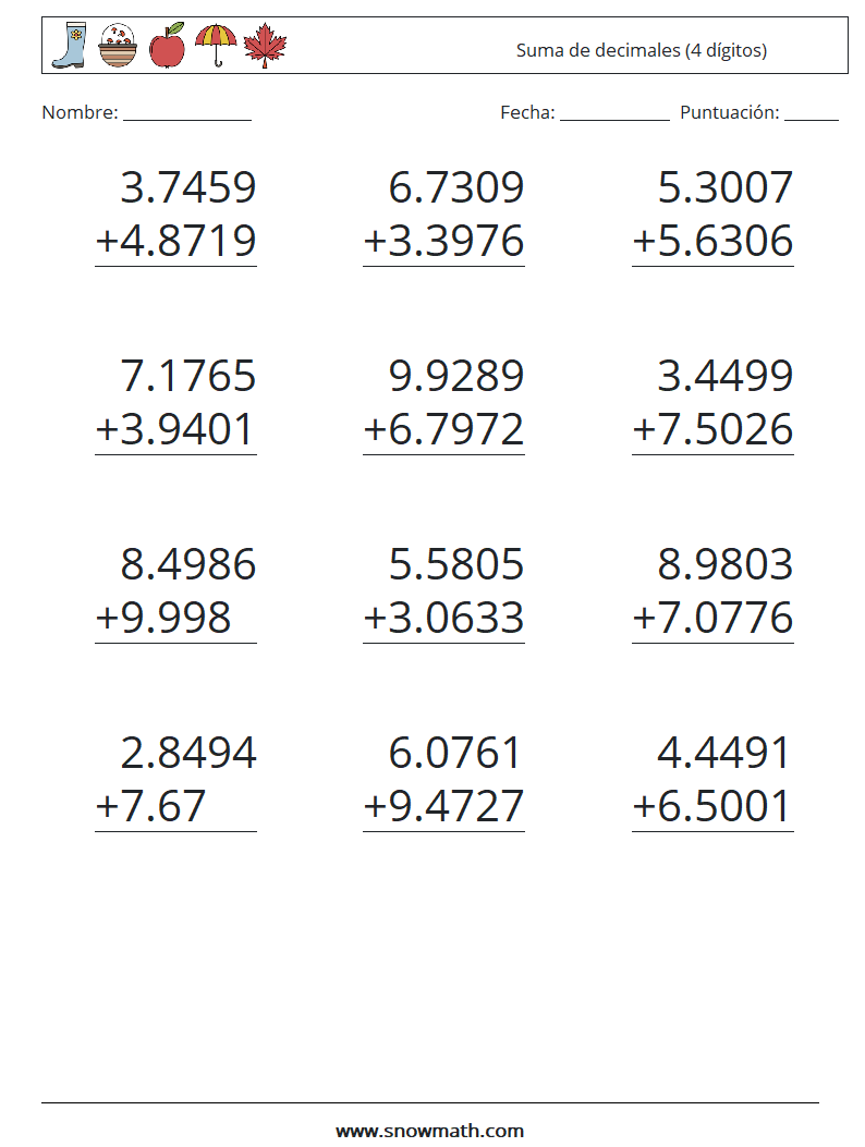 (12) Suma de decimales (4 dígitos) Hojas de trabajo de matemáticas 5