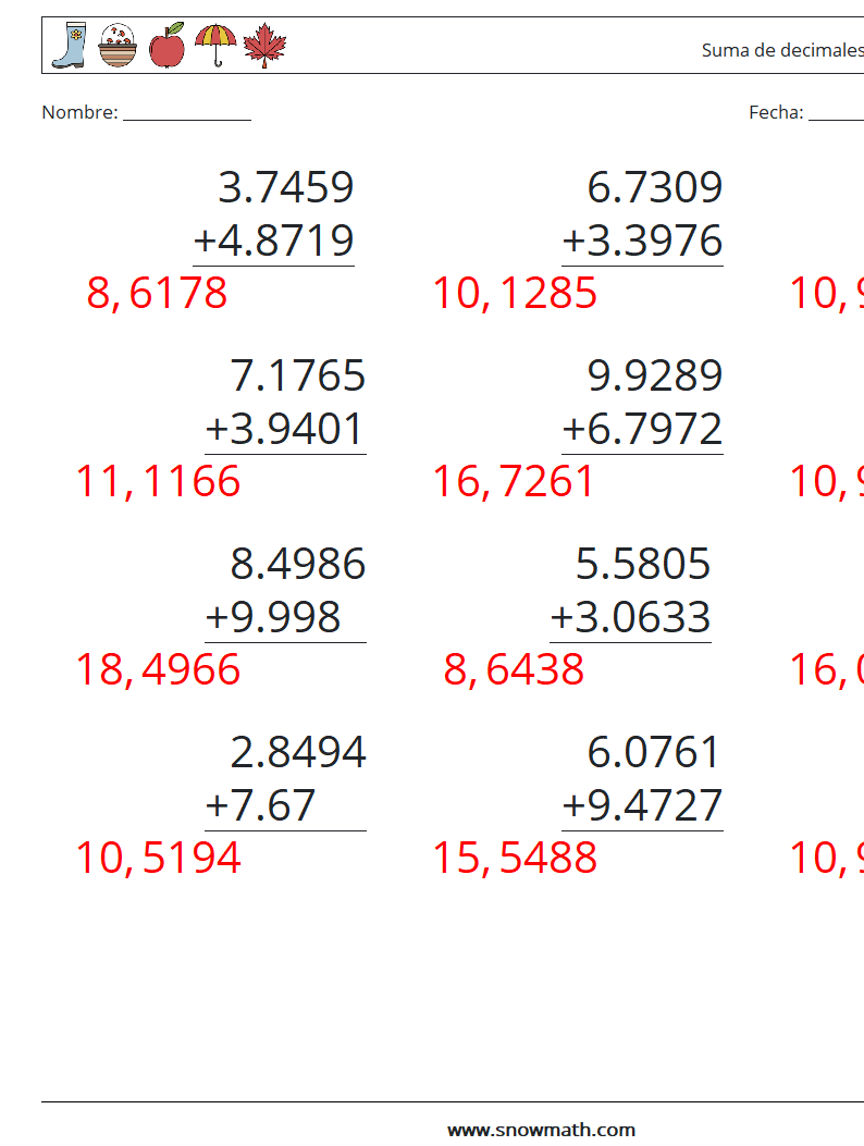 (12) Suma de decimales (4 dígitos) Hojas de trabajo de matemáticas 5 Pregunta, respuesta