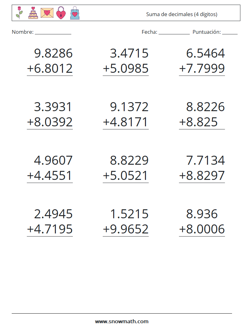 (12) Suma de decimales (4 dígitos) Hojas de trabajo de matemáticas 6