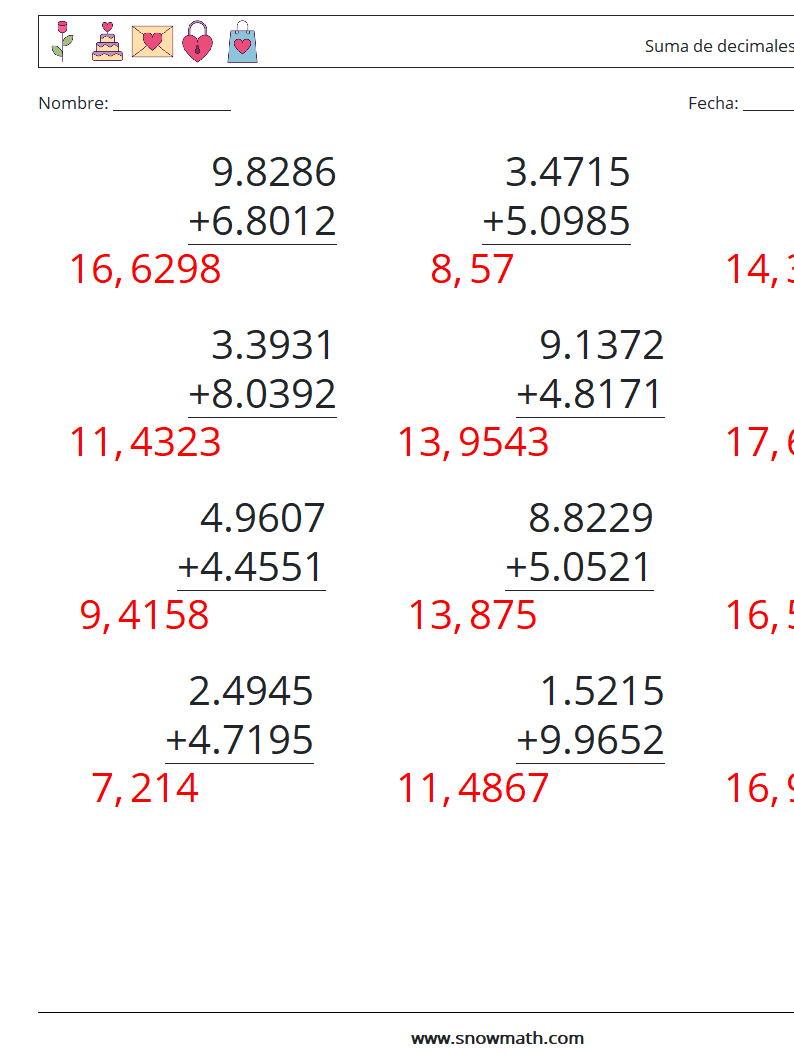 (12) Suma de decimales (4 dígitos) Hojas de trabajo de matemáticas 6 Pregunta, respuesta