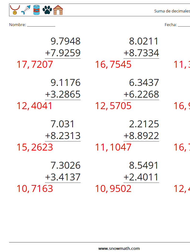 (12) Suma de decimales (4 dígitos) Hojas de trabajo de matemáticas 7 Pregunta, respuesta