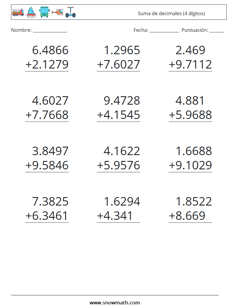 (12) Suma de decimales (4 dígitos) Hojas de trabajo de matemáticas 8