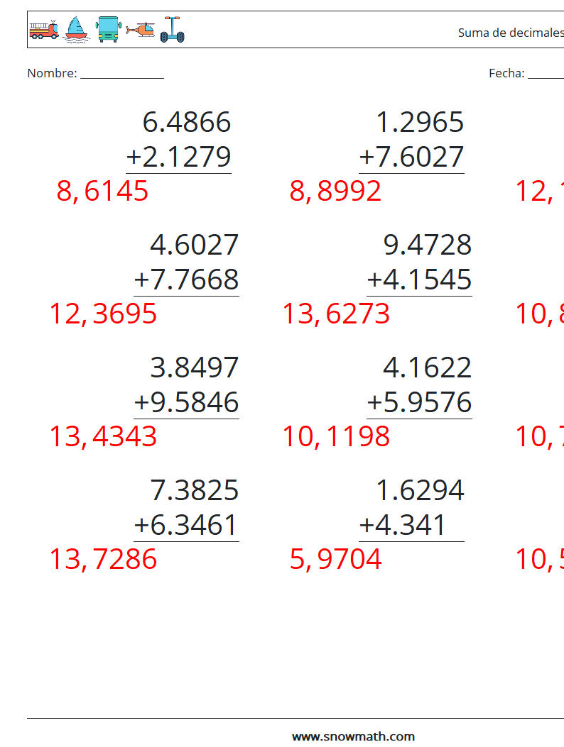 (12) Suma de decimales (4 dígitos) Hojas de trabajo de matemáticas 8 Pregunta, respuesta