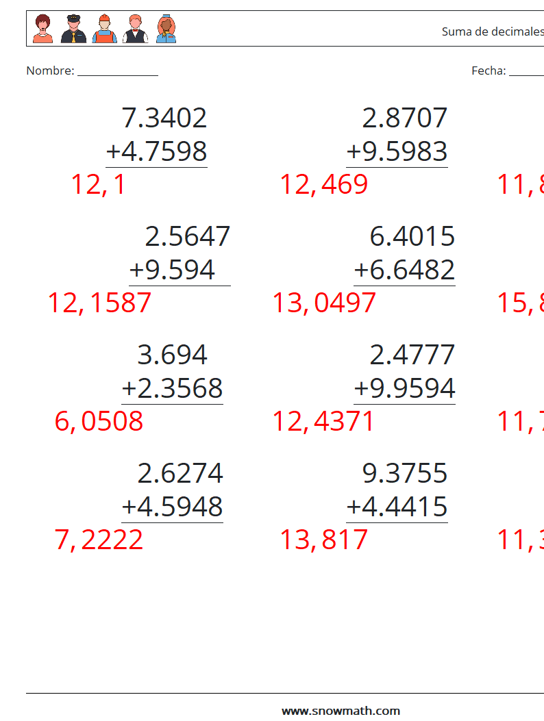 (12) Suma de decimales (4 dígitos) Hojas de trabajo de matemáticas 9 Pregunta, respuesta